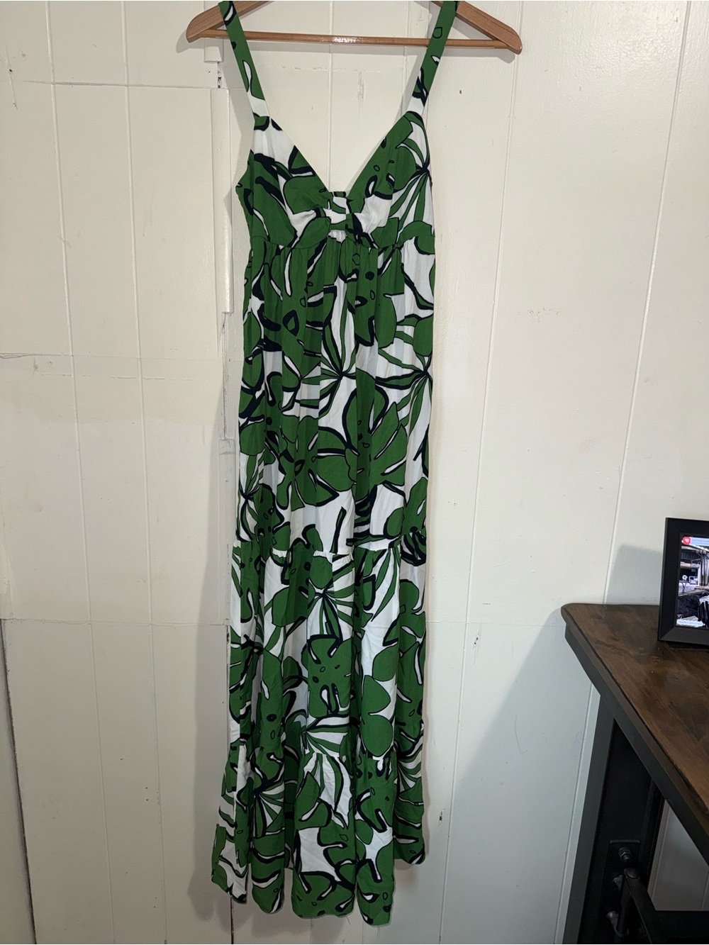Trina Turk White Maxi Dress with Green Leaf Print
